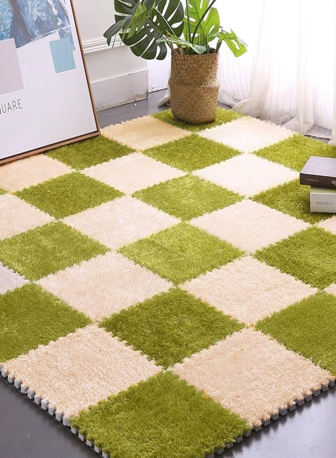 BIYALI 10pcs Interlocking Carpet Tiles with Border Plush Foam Mats Fluffy Puzzle Play Mat - Floor Tiles Soft Climbing Area Rugs for Home Game Room, Home, Bedrooms Decoration (Color:Green+Skin) - Image 4